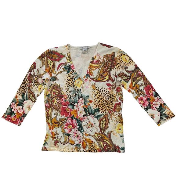 Vintage Alberto Makali Sweater Womens Medium Beaded Sequin Cheetah Print 90s - Picture 1 of 9